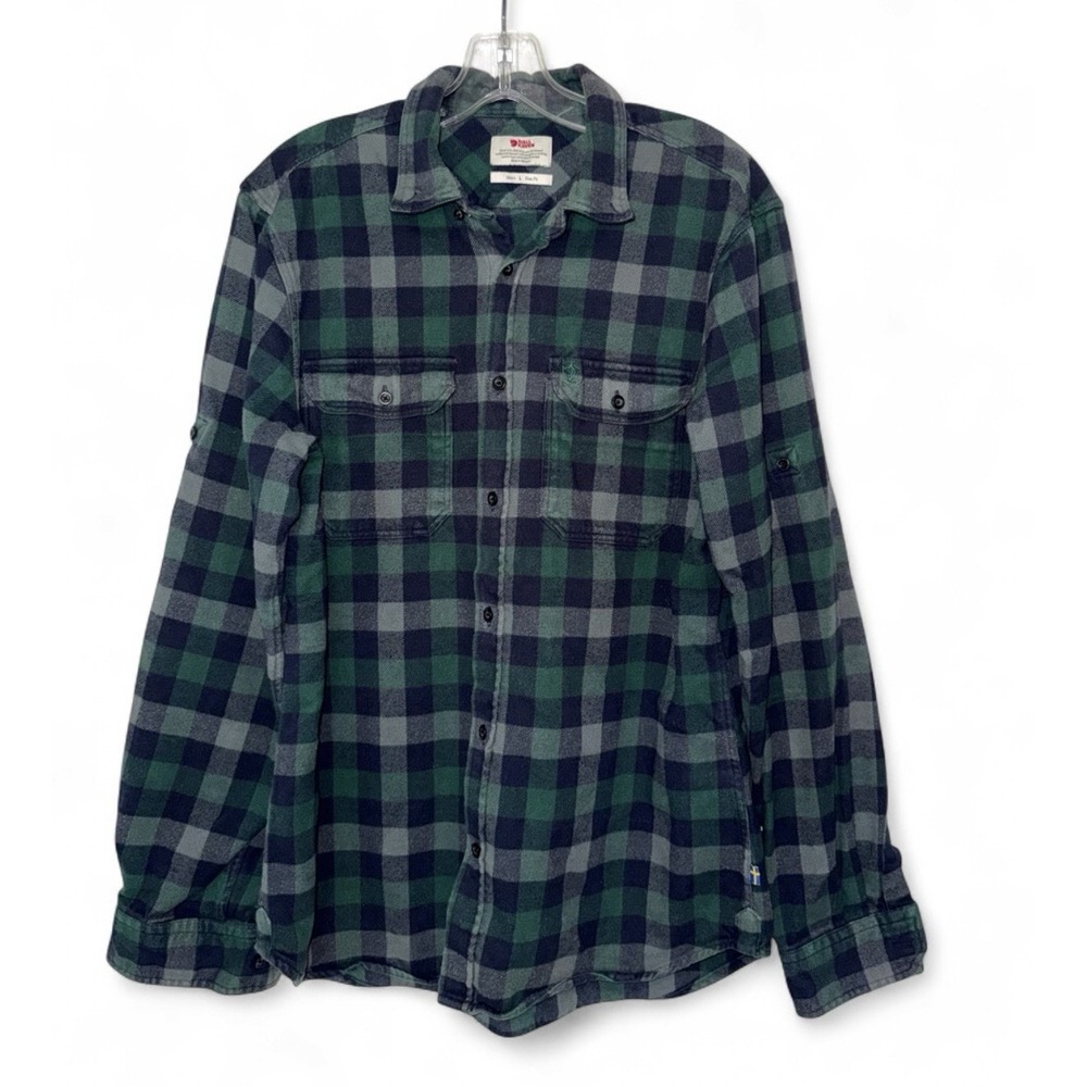 Fjallraven Skog Flannel Shirt Mens Large L Slim Fit Green Plaid Hiking Gorpcore